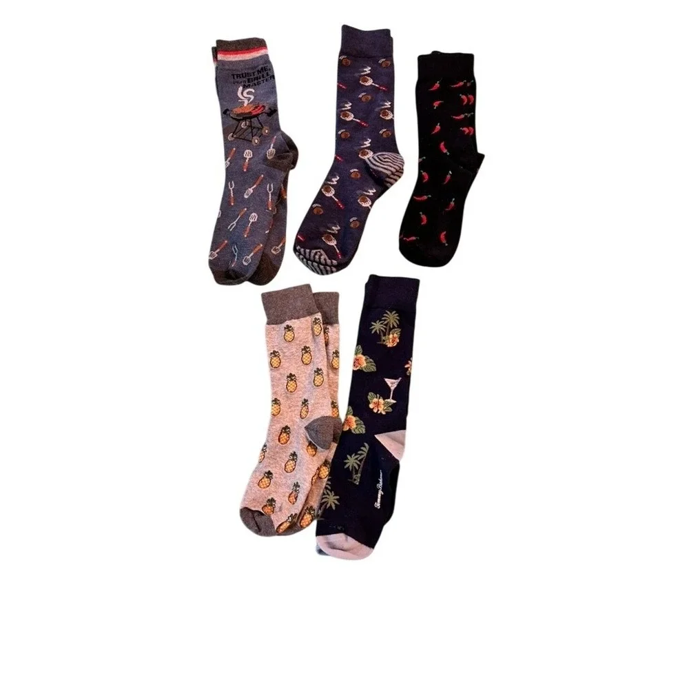 Mens Novelty Crew Socks Bundle 5 Pairs Tommy Bahama Grill Pineapple Chili Pepper